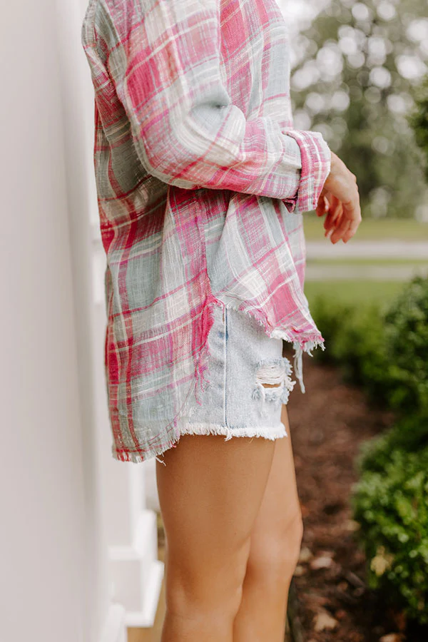 Around The Boardwalk Plaid Button Up In Pink - Image 7
