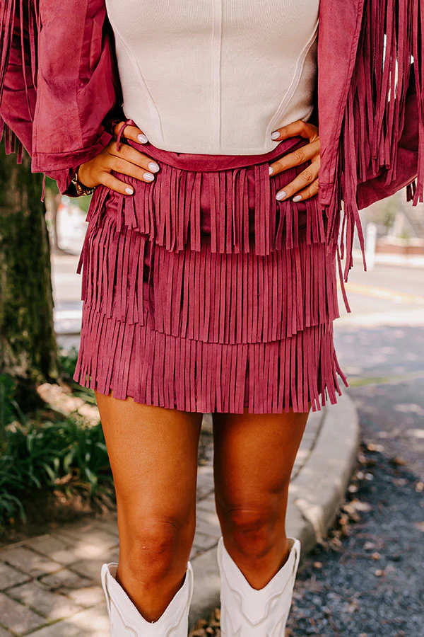 Boho Flow Faux Suede Fringe Skirt in Maroon - Image 3