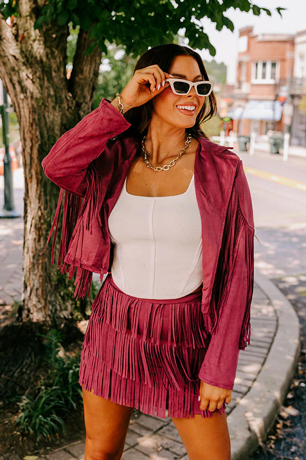 Boho Flow Faux Suede Fringe Skirt in Maroon - Image 4