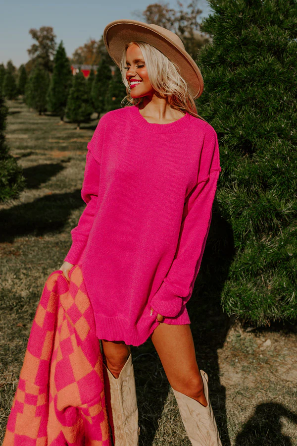 Cafe Cuddles Sweater Dress in Hot Pink