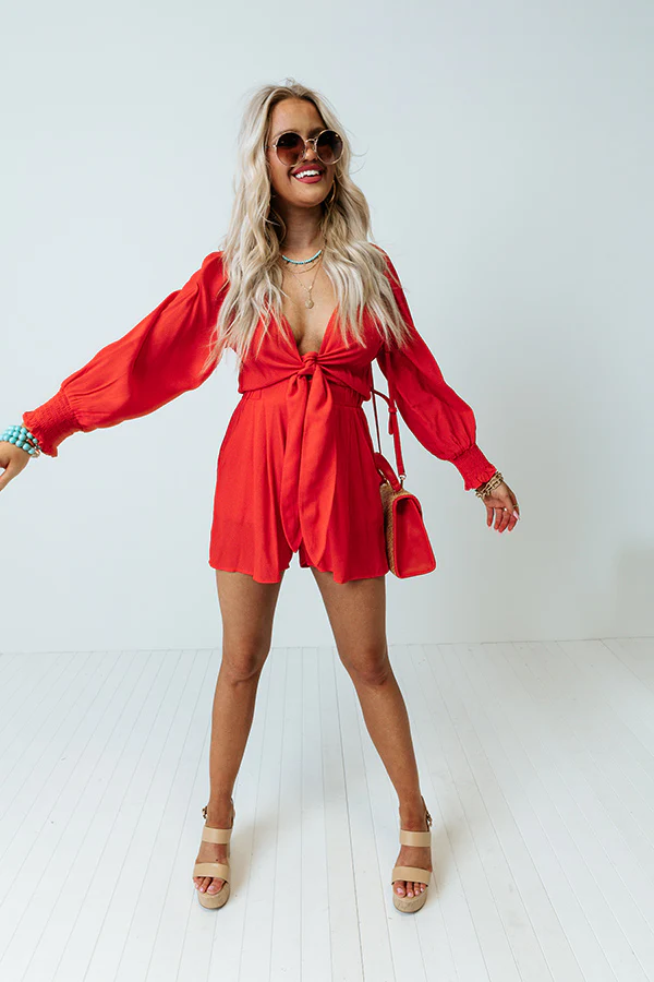 Cali Weekend Front Tie Romper In Scarlet - Image 3