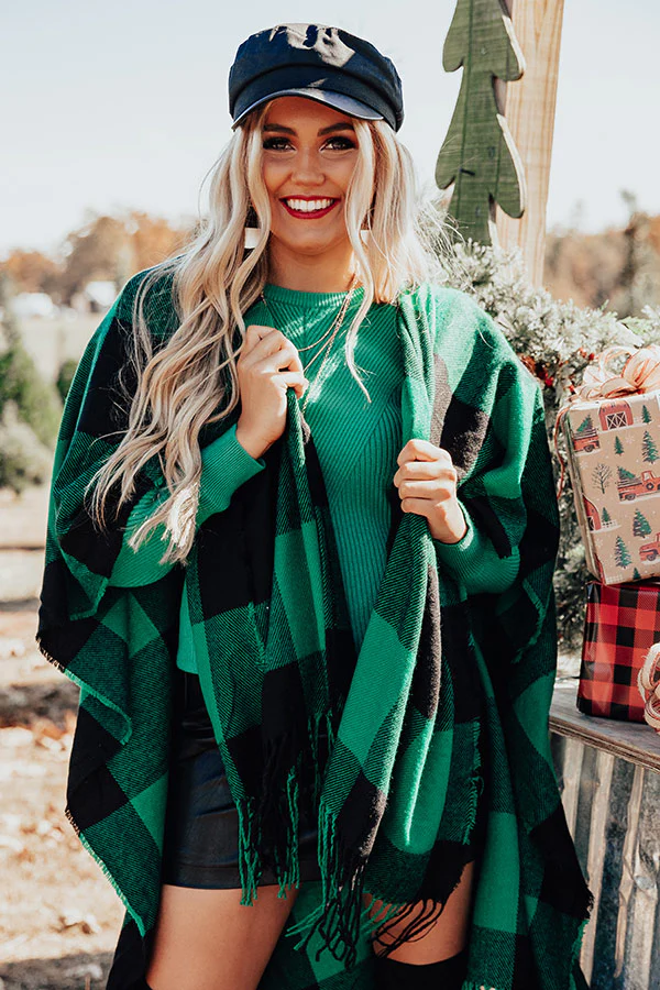 Caramel Kisses Buffalo Check Poncho In Green - Image 6