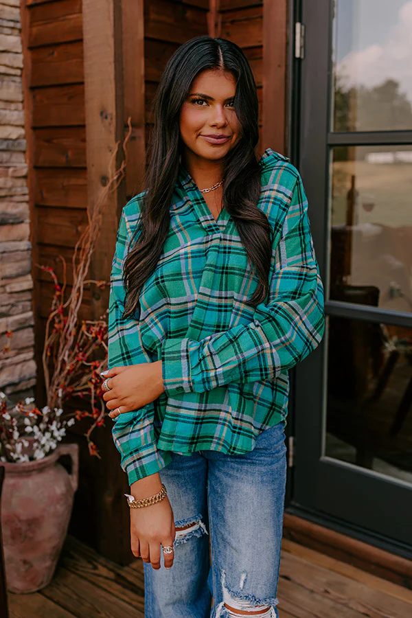 Catching Feelings Plaid Top In Green - Image 2