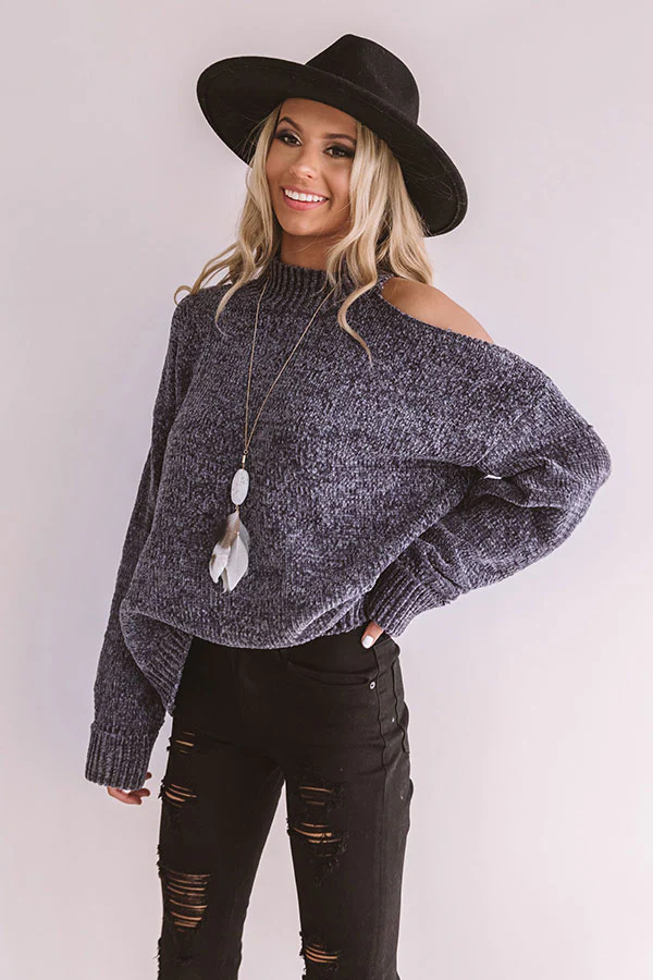 Champagne In Aspen Chenille Sweater In Charcoal - Image 4