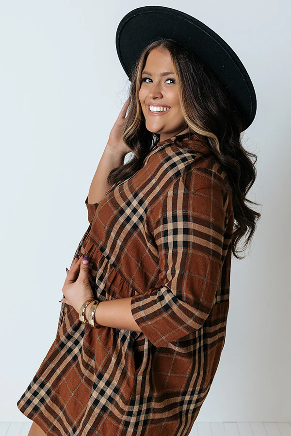 Cheery Mood Plaid Tunic Dress In Dark Camel Curves - Image 10