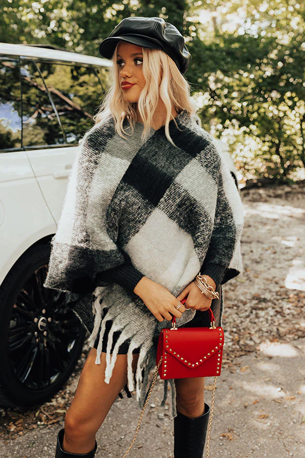 Cozy Debut Plaid Poncho In Charcoal - Image 3