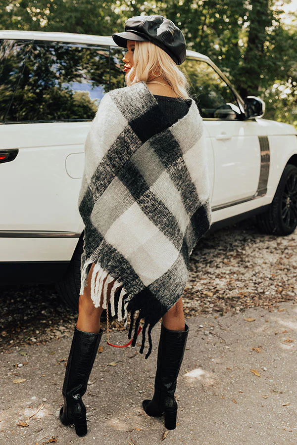 Cozy Debut Plaid Poncho In Charcoal - Image 4