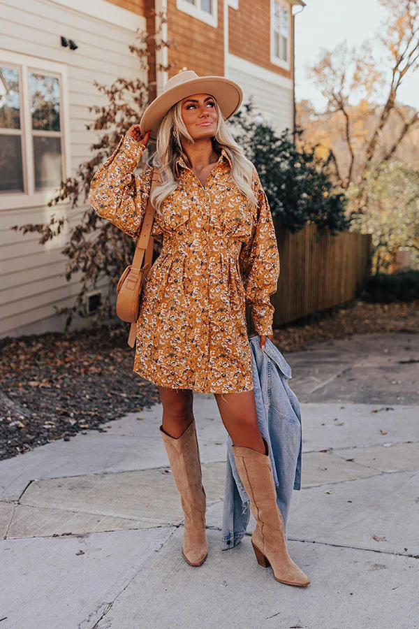 Fall Sunset Corduroy Mini Dress in Mustard - Image 2