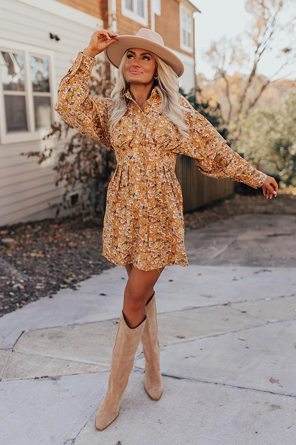 Fall Sunset Corduroy Mini Dress in Mustard - Image 3