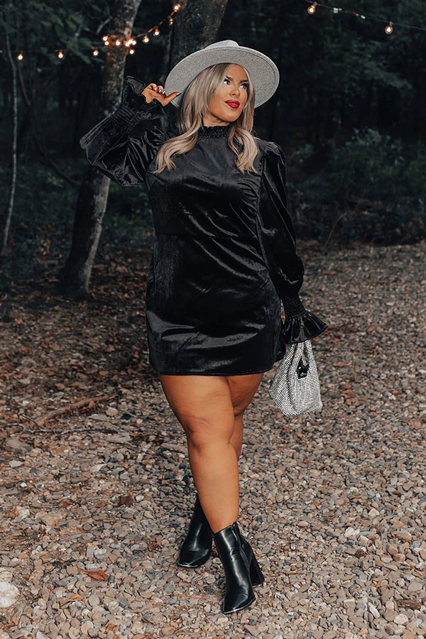 Fashionably Late Velvet Mini Dress In Black Curves