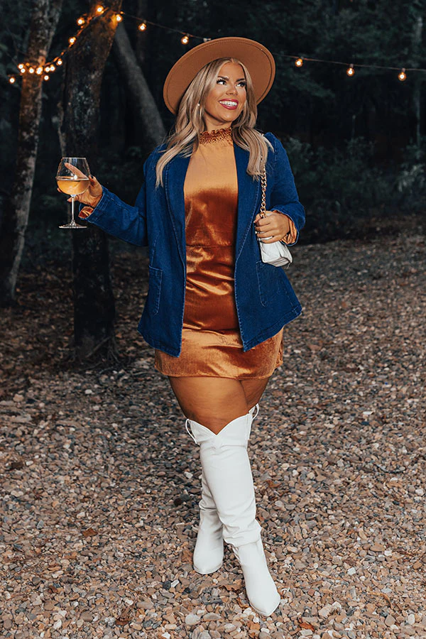 Fashionably Late Velvet Mini Dress In Camel Curves - Image 5