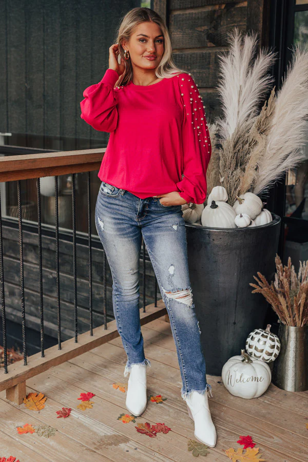 Feeling Spontaneous Embellished Sweater Top In Hot Pink - Image 4