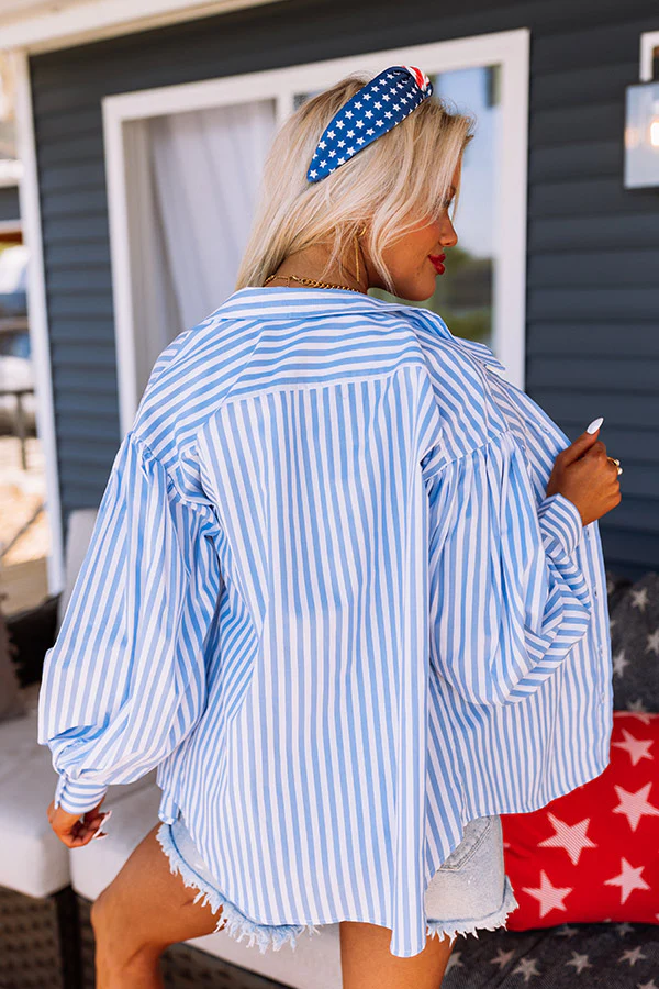 First Class Reservations Stripe Button Up in Blue - Image 3