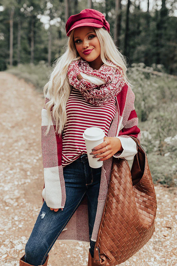 Full Of Warmth Popcorn Knit Infinity Scarf in Wine - Image 3