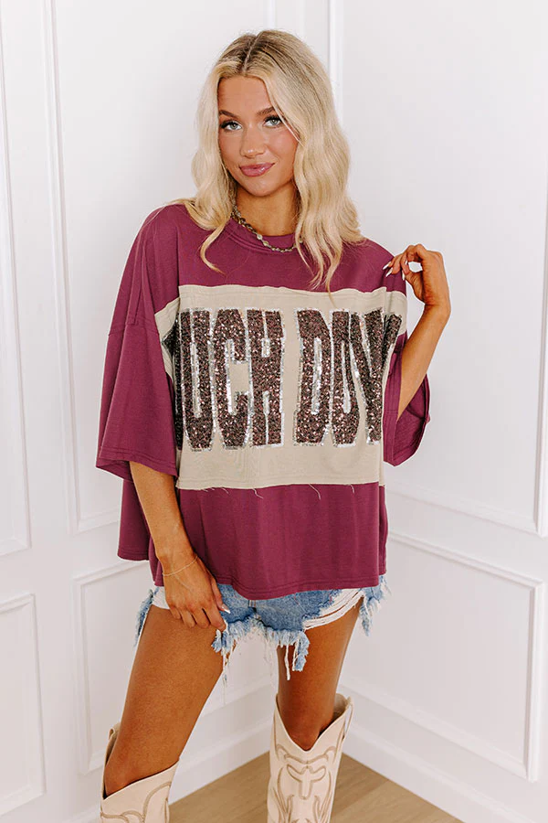 It's a Touch Down Sequin Oversized Tee in Garnet - Image 3