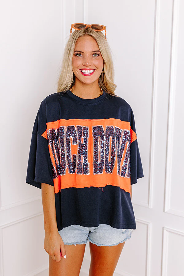 It's a Touch Down Sequin Oversized Tee in Navy/Orange - Image 2