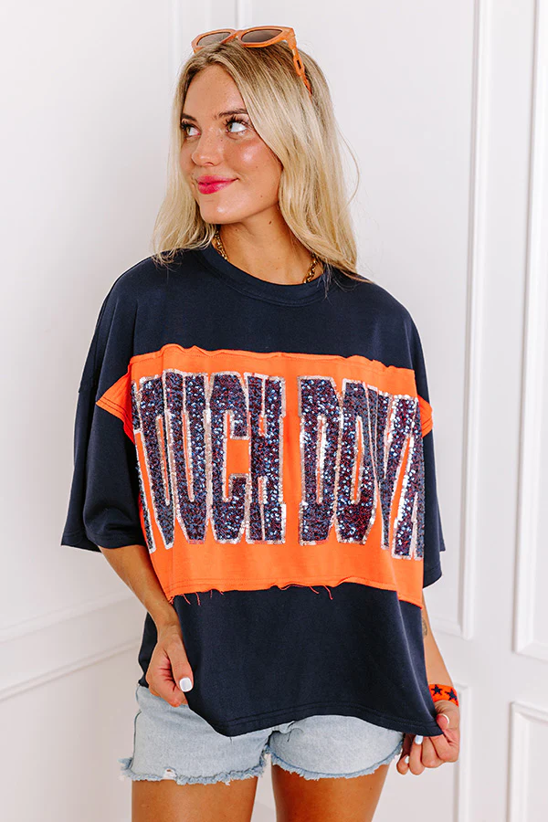 It's a Touch Down Sequin Oversized Tee in Navy/Orange - Image 6