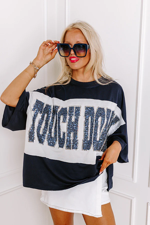 It's a Touch Down Sequin Oversized Tee in Navy/White - Image 5
