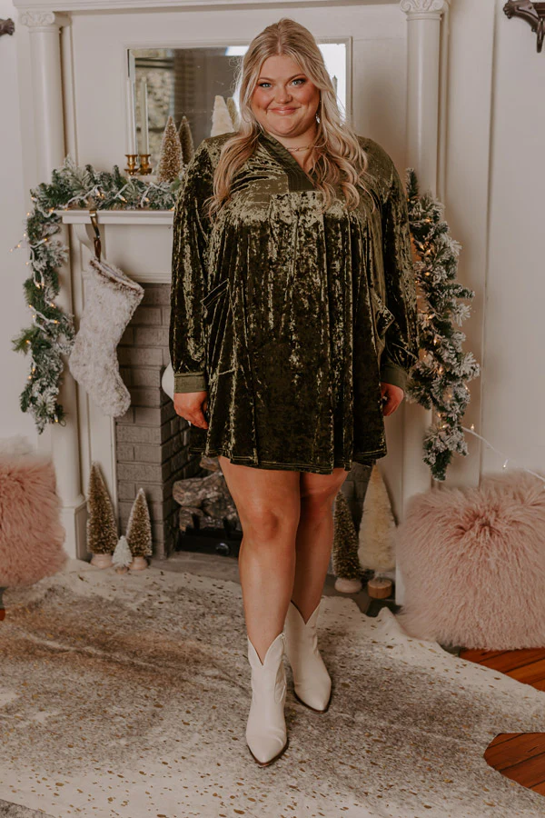 Midnight Kiss Velvet Mini Dress In Army Green Curves - Image 5