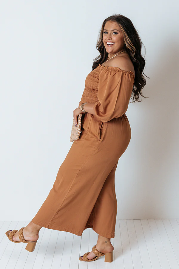 Moon Phase Smocked Jumpsuit In Camel Curves - Image 3