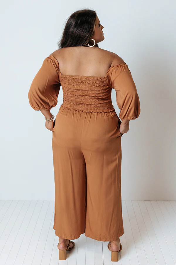 Moon Phase Smocked Jumpsuit In Camel Curves - Image 4