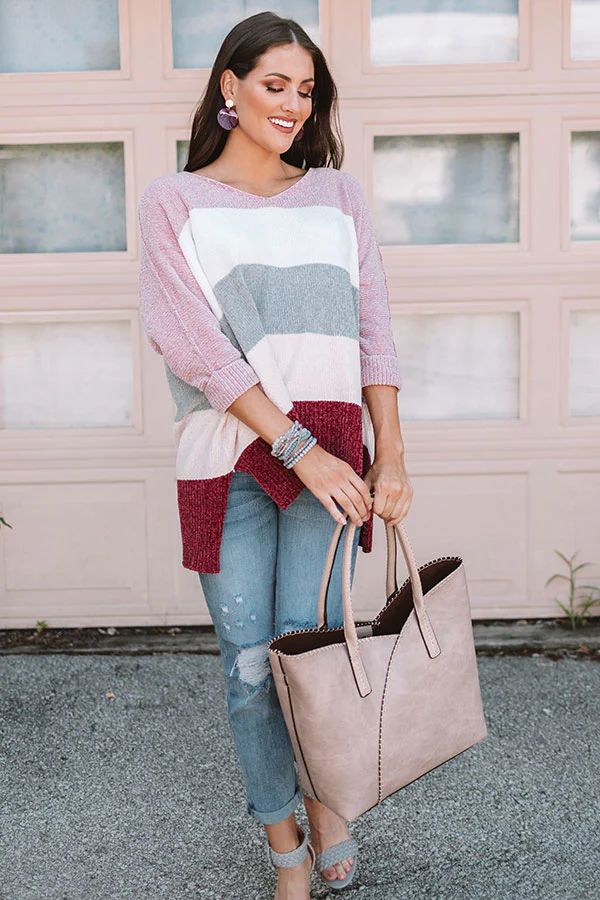 North Shore Chenille Color Block Sweater In Blush - Image 3