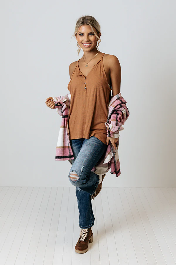 Party Perfection Ribbed Henley Tank In Light Chocolate - Image 2