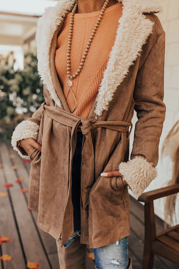 Salem Snuggles Faux Suede Coat In Khaki - Image 3