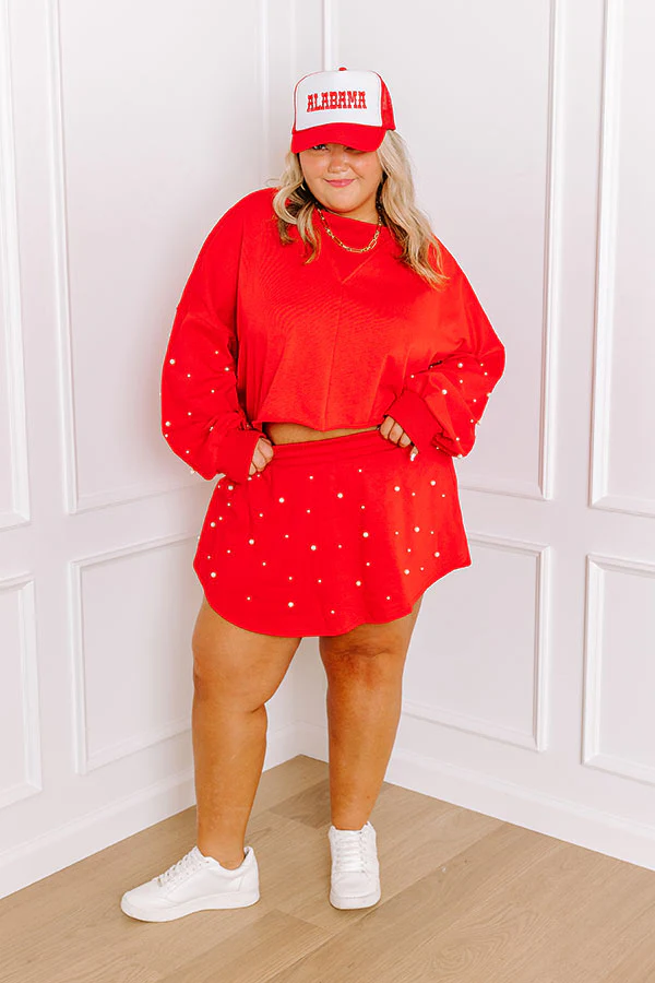 Sideline Chic Pearl Embellished Crop Sweatshirt in Red Curves - Image 2