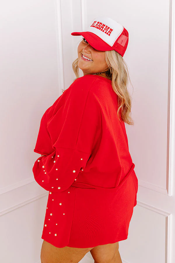 Sideline Chic Pearl Embellished Crop Sweatshirt in Red Curves - Image 3