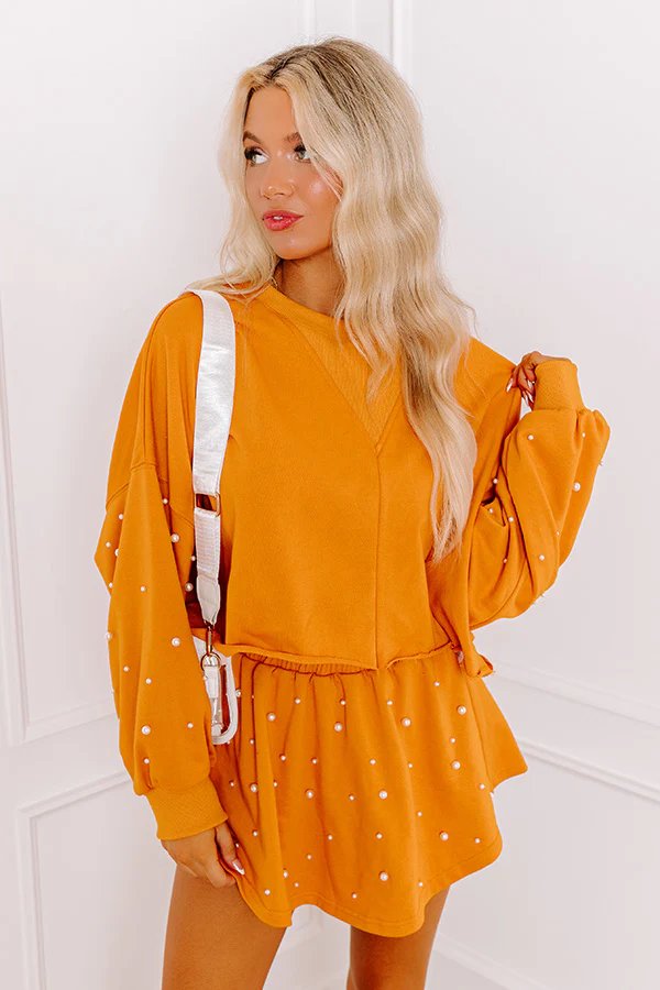 Sideline Chic Pearl Embellished Crop Sweatshirt in Rust - Image 3