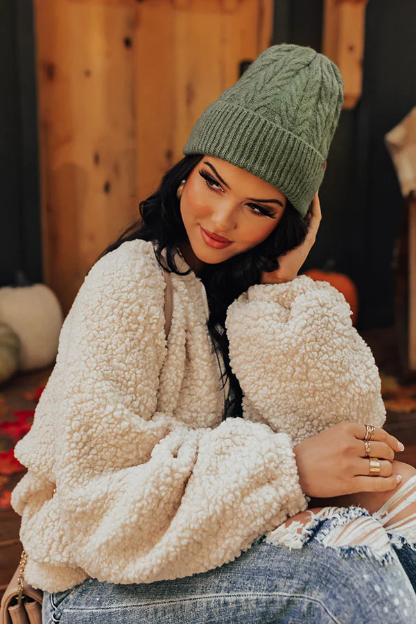 Snowfall Feels Cable Knit Beanie In Green - Image 4