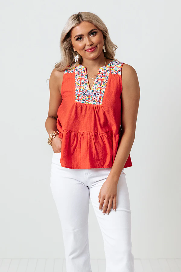 Tahitian Gardens Embroidered Top In Scarlet - Image 2