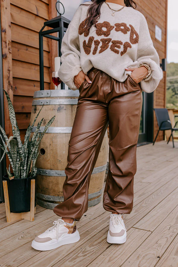 The Aubrey High Waist Faux Leather Pants In Chocolate - Image 2