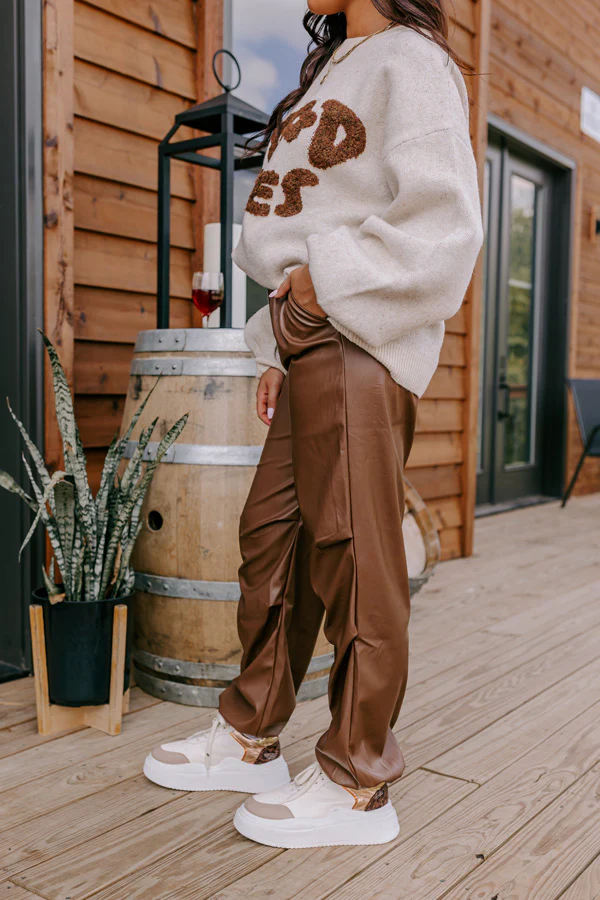 The Aubrey High Waist Faux Leather Pants In Chocolate - Image 4
