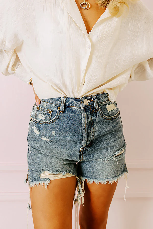 The Bobbi High Waist Distressed Shorts in Medium Wash - Image 2