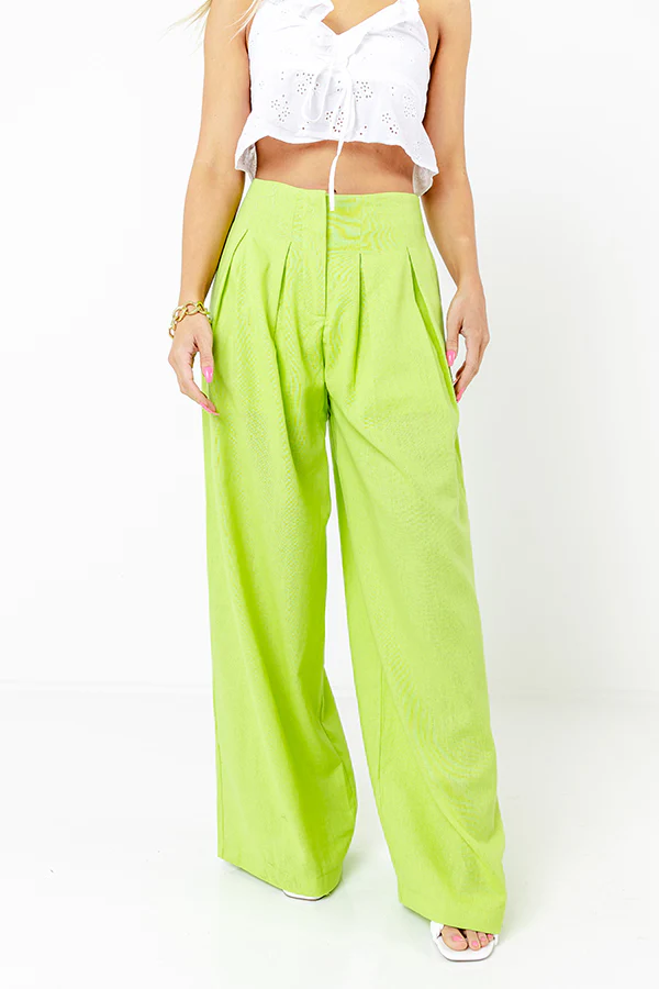 The Evelyn High Waist Linen-Blend Pants In Lime Punch - Image 2
