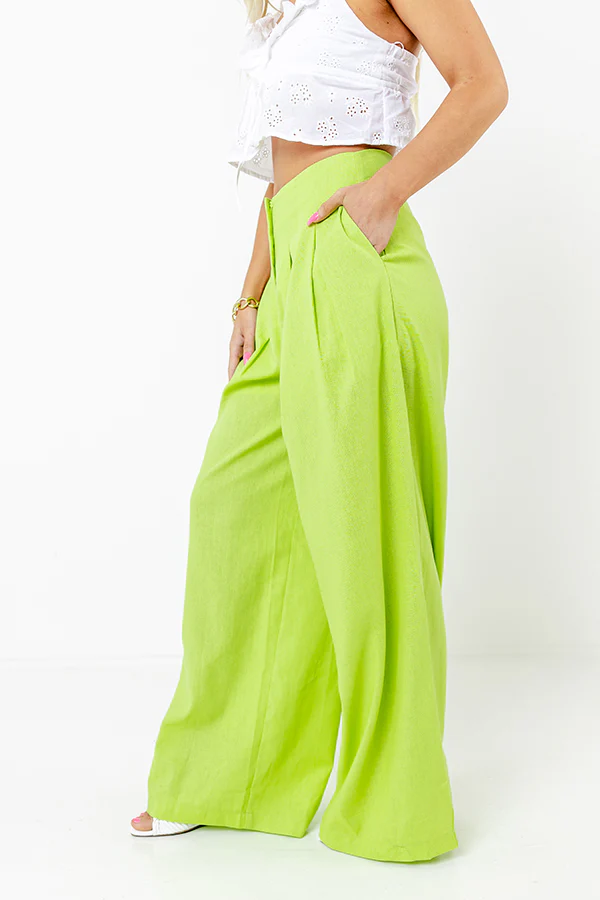 The Evelyn High Waist Linen-Blend Pants In Lime Punch - Image 3