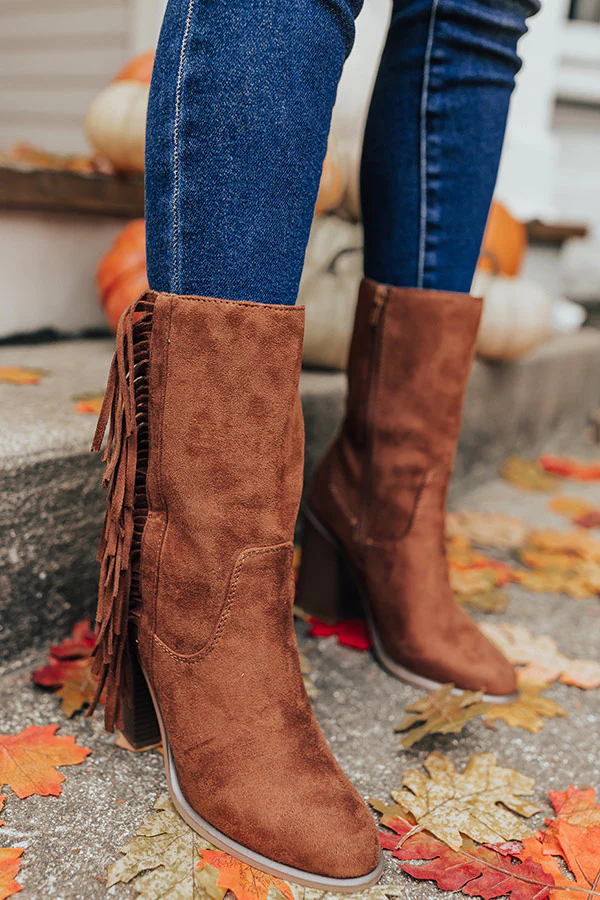 The Silverado Faux Suede Fringe Boot In Chocolate - Image 2