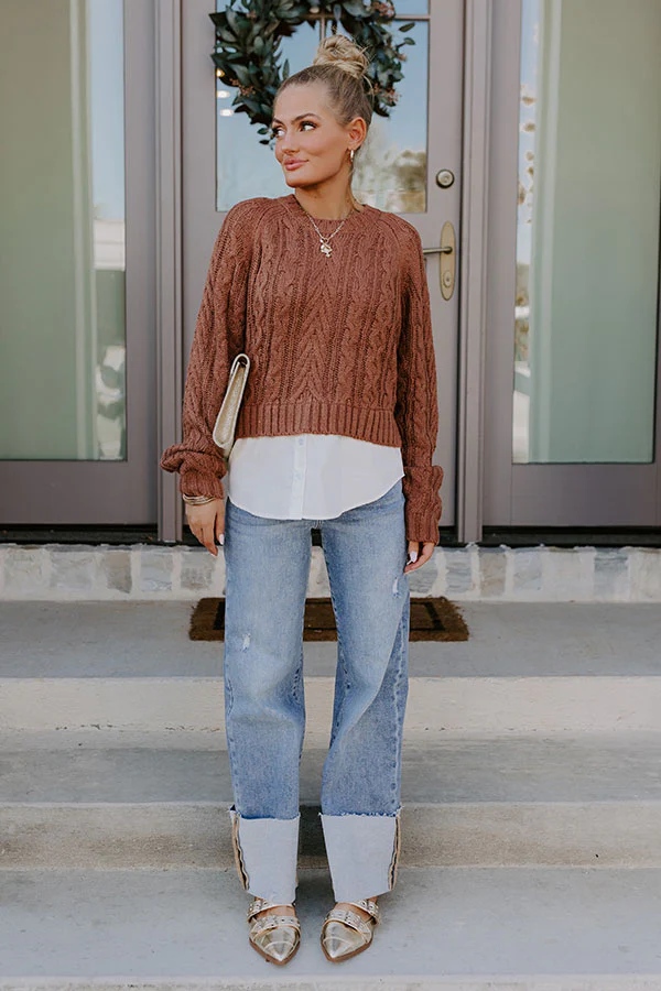 Thriving Weekend Cable Knit Sweater Top In Brown