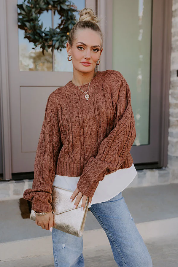 Thriving Weekend Cable Knit Sweater Top In Brown - Image 2