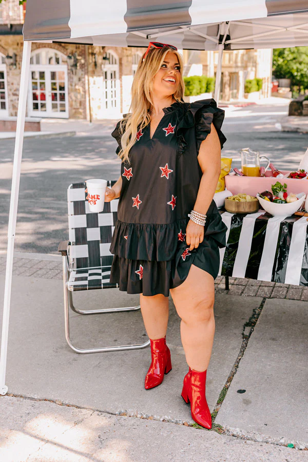 Under The Stadium Lights Ruffle Mini Dress in Black Curves - Image 3