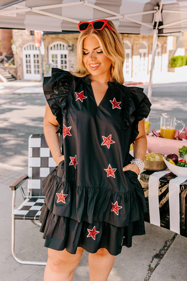 Under The Stadium Lights Ruffle Mini Dress in Black Curves - Image 4