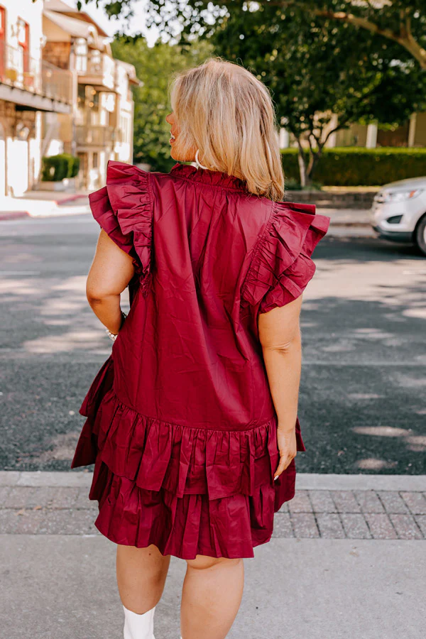 Under The Stadium Lights Ruffle Mini Dress in Maroon Curves - Image 3