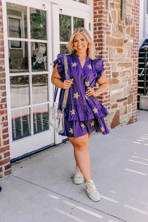 Under The Stadium Lights Ruffle Mini Dress in Purple Curves - Image 2